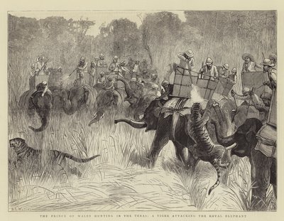 El Príncipe de Gales cazando en el Terai, un Tigre atacando al Elefante Real de Samuel Edmund Waller